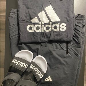 Adidas Women’s Black active shorts, Large Tee and Adidas sandals women size 9